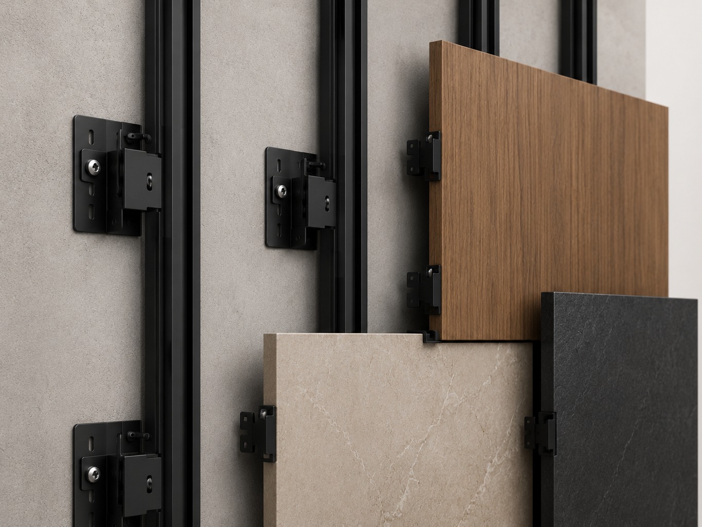 Realistic exploded view of the Shanex system: wall, anchor, rail system, hidden connector, adaptive panel, studio lighting, Apple-style hardware visualization.