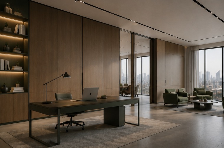 Warm hospitality lounge with adaptive shelving wall, terracotta accent panel, integrated lighting, lounge seating.