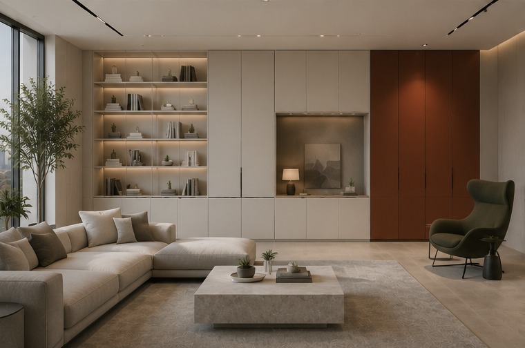 Luxury apartment living room with adaptive walls, hidden storage, integrated lighting, minimalist furniture, warm sunlight.